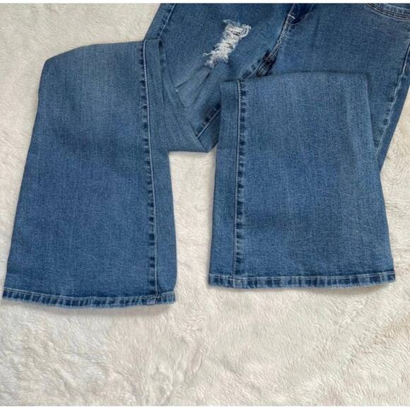 Standards and Practices Distressed Holey Bell Bottom Flare Blue Jeans - Picture 4 of 11